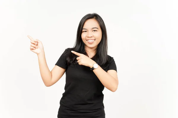 Zeigt Produkt Und Pointing Seite Der Schönen Asiatischen Frau Isoliert — Stockfoto