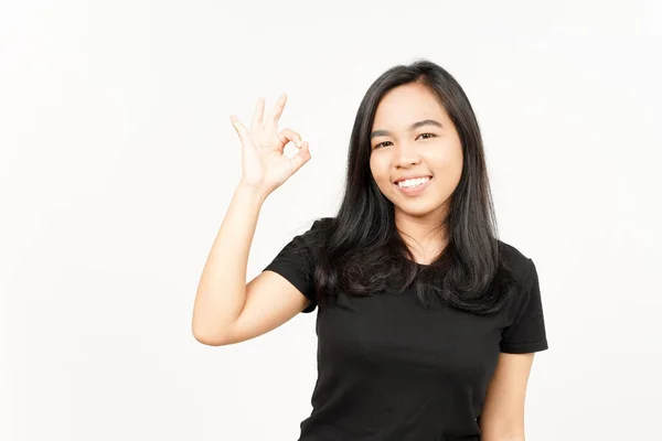 Mostrando Signo Hermosa Mujer Asiática Aislado Sobre Fondo Blanco —  Fotos de Stock