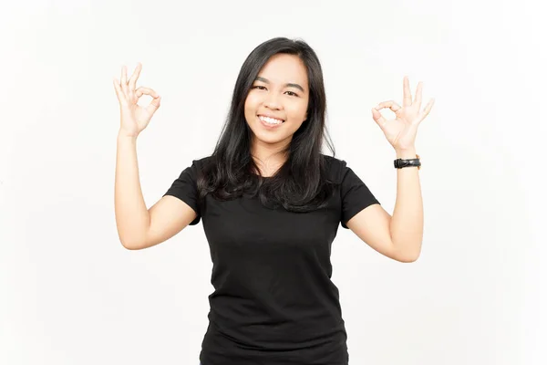 Visar Tecken Vacker Asiatisk Kvinna Isolerad Vit Bakgrund — Stockfoto