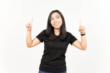 Beyaz arka planda tecrit edilmiş güzel Asyalı Kadın 'ın Ürünleri ve İşaretleri