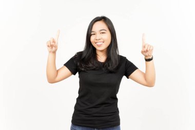 Beyaz arka planda tecrit edilmiş güzel Asyalı Kadın 'ın Ürünleri ve İşaretleri