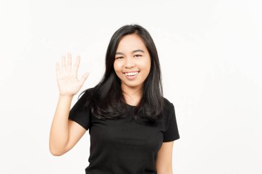 Selam, Beyaz Arkaplanda İzole Edilmiş Güzel Asyalı Kadın 'a Selamlar veya El sallama