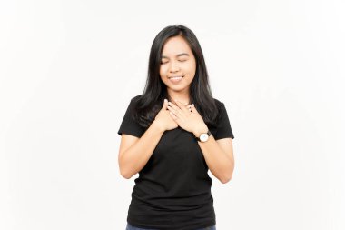 Beyaz arka planda tecrit edilmiş güzel Asyalı kadına kendini sevdirmek