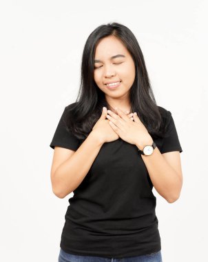 Beyaz arka planda tecrit edilmiş güzel Asyalı kadına kendini sevdirmek