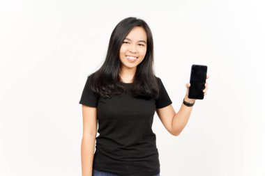 Beyaz Arkaplanda İzole Edilmiş Güzel Asyalı Kadın 'ın Boş Ekran Telefonundaki Uygulamaları veya İlanları Gösteriliyor