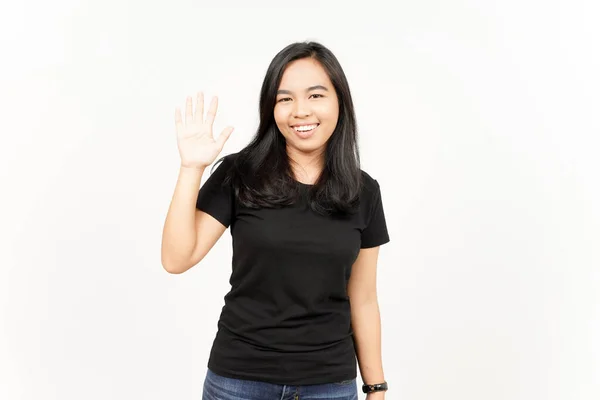 Greeting Waving Camera Beautiful Asian Woman Isolated White Background — Stock Photo, Image