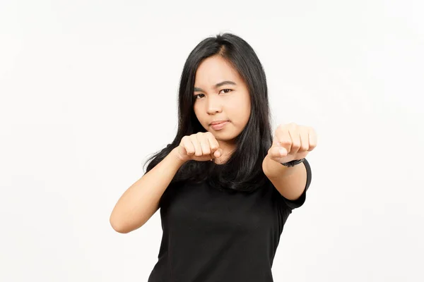 Punching Fist Fight Beautiful Asian Woman Isolated White Background — Stockfoto