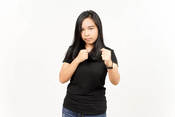 Punching Fist Fight Beautiful Asian Woman Isolated White Background — Stockfoto