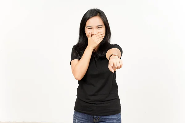 Menunjuk Pada Anda Dan Tertawa Beautiful Asian Woman Terisolasi Latar — Stok Foto