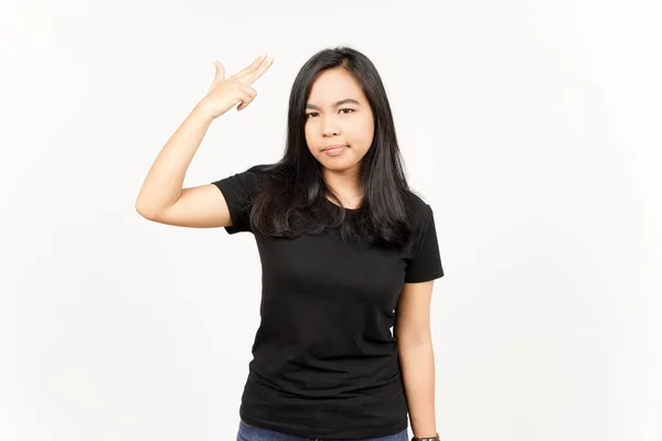 Όπλο Χειρονομία Δάχτυλο Του Όμορφη Ασιατική Γυναίκα Απομονώνονται Λευκό Φόντο — Φωτογραφία Αρχείου