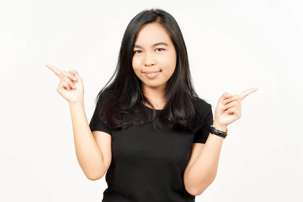 Zeigen Zwei Produkt Mit Dem Zeigefinger Der Schönen Asiatischen Frau — Stockfoto