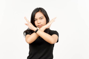 Beyaz arka planda tecrit edilmiş güzel bir Asyalı kadının el hareketi.