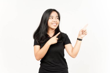 Beyaz arka planda tecrit edilmiş Güzel Asyalı Kadın 'ın Ürün ve İşaret Tarafı