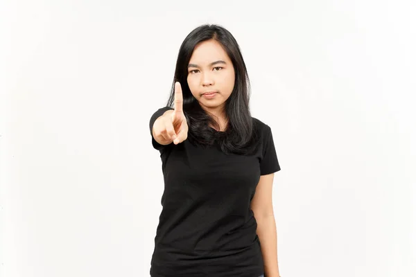 Mostrando Dedo Bela Mulher Asiática Isolada Fundo Branco — Fotografia de Stock