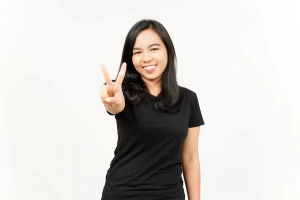 Vorführung Zweier Finger Von Schön Asiatisch Frau Isolated Auf Weiß — Stockfoto