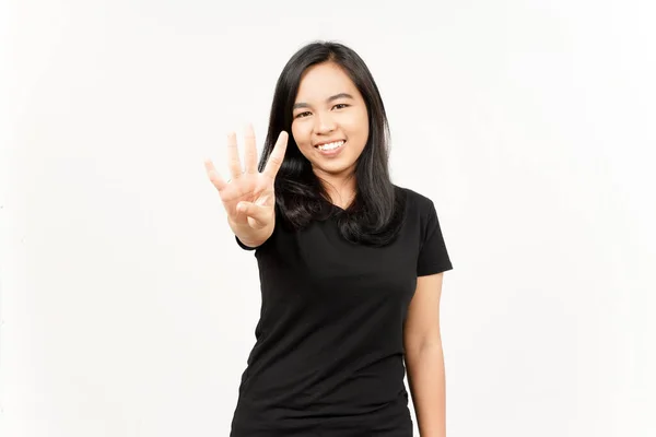 Mostrando Quatro Dedos Bela Mulher Asiática Isolada Fundo Branco — Fotografia de Stock