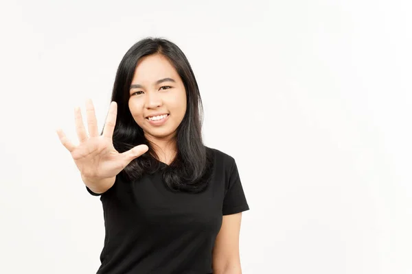 白い背景に隔離された美しいアジアの女性の5本の指を示す — ストック写真
