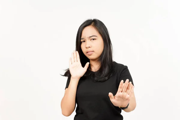 Stop Rifiuto Mano Gesto Bella Asiatico Donna Isolato Bianco Sfondo — Foto Stock