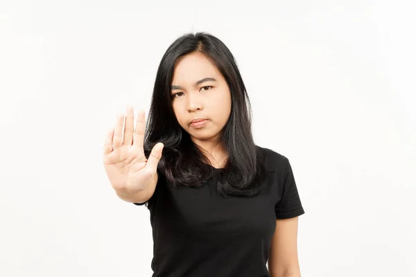 Pare Rejeição Mão Gesto Bela Mulher Asiática Isolado Fundo Branco — Fotografia de Stock