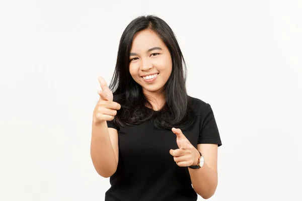 Apontando Para Você Sorriso Bela Mulher Asiática Isolada Fundo Branco — Fotografia de Stock
