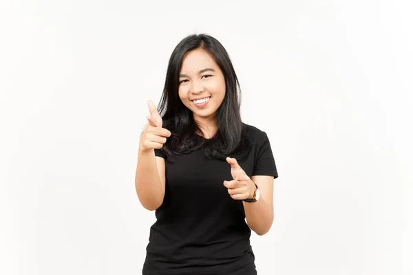 Indicando Voi Sorriso Bella Asiatico Donna Isolato Bianco Sfondo — Foto Stock