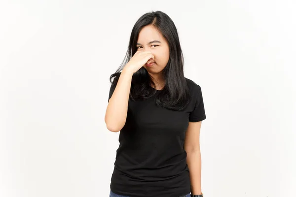Smelling Something Stinky Disgusting Beautiful Asian Woman Isolated White Background — Stock Photo, Image