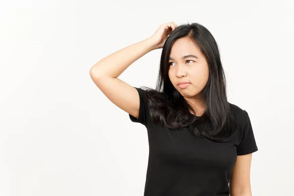 Memikirkan Gerakan Wanita Asia Yang Cantik Terisolasi Latar Belakang Putih — Stok Foto