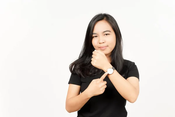 Pointing Watch Smile Der Schönen Asiatischen Frau Isoliert Auf Weißem — Stockfoto