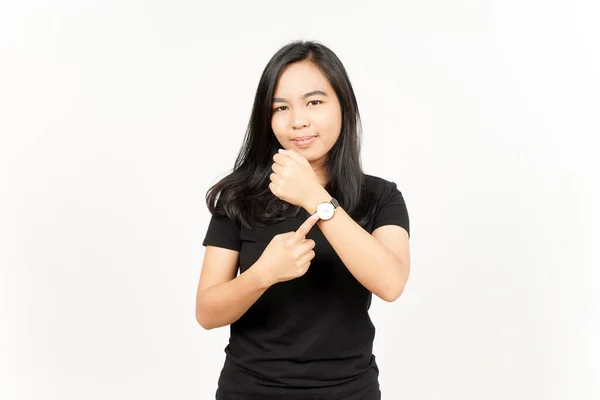 Pointing Watch Smile Der Schönen Asiatischen Frau Isoliert Auf Weißem — Stockfoto