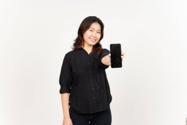 Beyaz Arkaplanda İzole Edilmiş Güzel Asyalı Kadın 'ın Boş Ekran Telefonundaki Uygulamaları veya İlanları Gösteriliyor