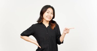 Beyaz arka planda tecrit edilmiş Güzel Asyalı Kadın 'ın Ürün ve İşaret Tarafı