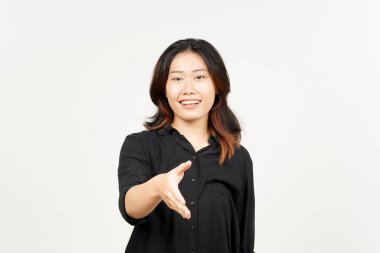 Beyaz arka planda tecrit edilmiş Güzel Asyalı Kadın 'ın el sıkışması