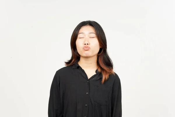 Soprando Beijos Engraçados Bela Mulher Asiática Isolado Fundo Branco — Fotografia de Stock