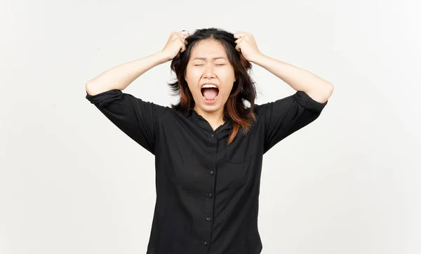 Angry Stressed Pull Hair Beautiful Азіатська Жінка Ізольовані Білому Тлі — стокове фото