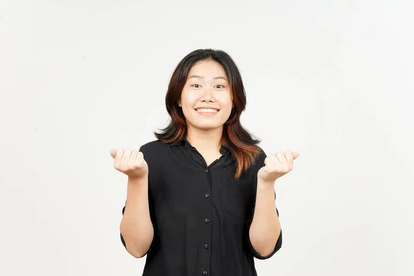 Celebrazione Gesto Bella Asiatico Donna Isolato Bianco Sfondo — Foto Stock