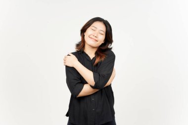 Beyaz arka planda tecrit edilmiş Asyalı Güzel Kadın 'ın Minnettar ve Kendine Sevgi Hareketi