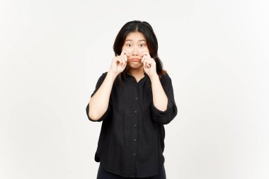 Beyaz arka planda tecrit edilmiş Güzel Asyalı Kadın 'ın Ağla ve Üzgün Yüzü