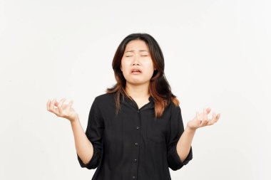 Beyaz arka planda tecrit edilmiş Güzel Asyalı Kadın 'ın Ağla ve Üzgün Yüzü