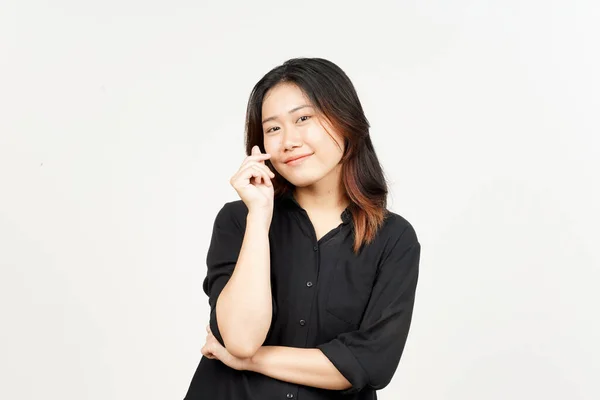 Mostrando Coreano Amor Dedo Bela Mulher Asiática Isolado Fundo Branco — Fotografia de Stock
