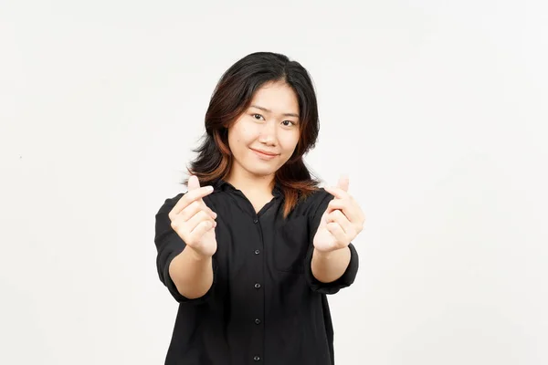Εμφάνιση Κορεάτικο Δάχτυλο Αγάπης Της Όμορφης Ασιάτισσας Γυναίκας Απομονωμένη Λευκό — Φωτογραφία Αρχείου