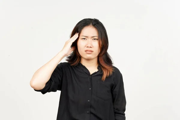 Dor Cabeça Gestos Bela Mulher Asiática Isolado Fundo Branco — Fotografia de Stock