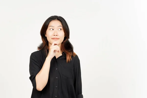 Pensando Gestos Bela Mulher Asiática Isolada Fundo Branco — Fotografia de Stock