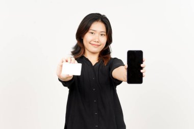 Beyaz Ekran Akıllı Telefonu ve Güzel Asyalı Kadın 'ın Banka Kartı.