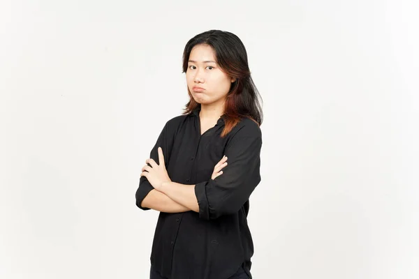 Braços Dobráveis Gesto Raiva Bela Mulher Asiática Isolada Fundo Branco — Fotografia de Stock