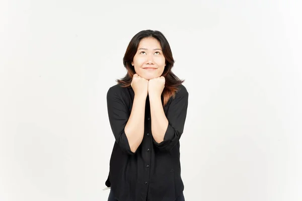 Sorriso Pensamento Gesto Bela Mulher Asiática Isolado Fundo Branco — Fotografia de Stock