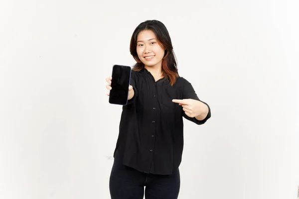 Toon Apps Advertenties Leeg Scherm Smartphone Van Mooie Aziatische Vrouw — Stockfoto