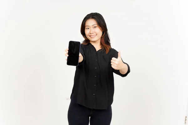 Програми Або Оголошення Порожньому Екрані Смартфон Красивої Азіатської Жінки Ізольовані — стокове фото