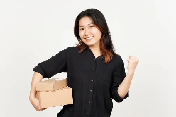 Happy Celebration Holding Package Box Cardboard Box Beautiful Asian Woman — Fotografia de Stock