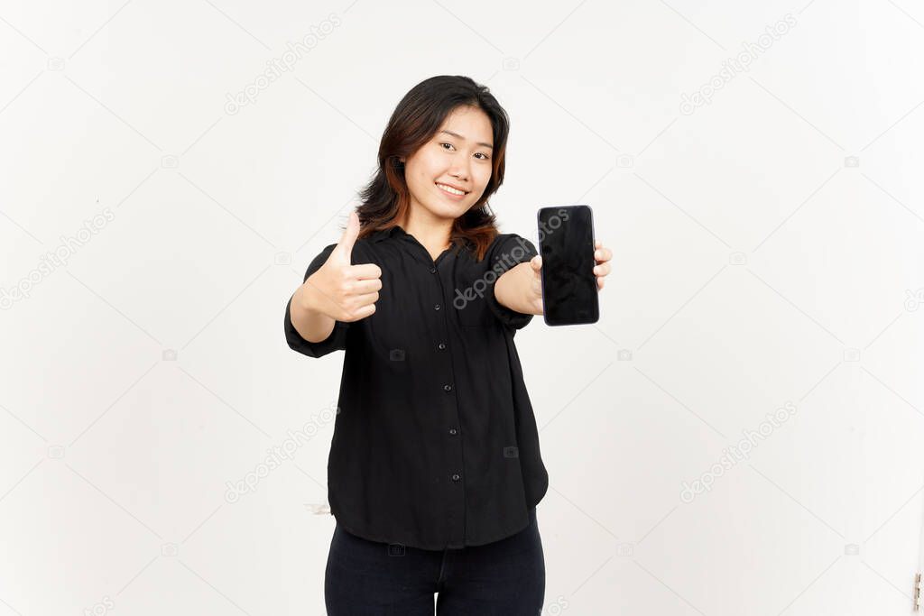 Showing Apps or Ads On Blank Screen Smartphone of Beautiful Asian Woman Isolated On White Background