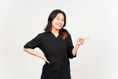 Beyaz arka planda tecrit edilmiş Güzel Asyalı Kadın 'ın Ürün ve İşaret Tarafı